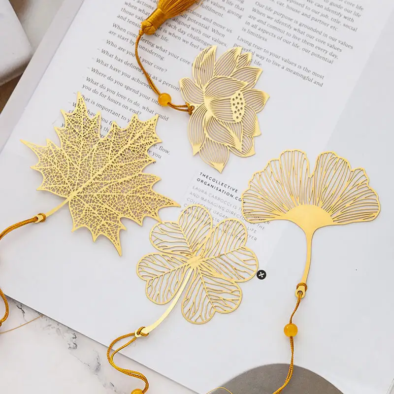 Wholesale cheap price hollow cut out gold plated standard size book mark stainless steel metal bookmark with charms tassel