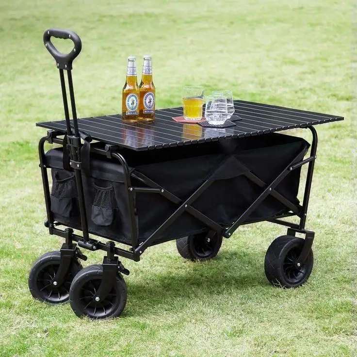 Carrinho de acampamento para vagão dobrado com mesa ajustável para jardim ao ar livre com rodas todo terreno e alça