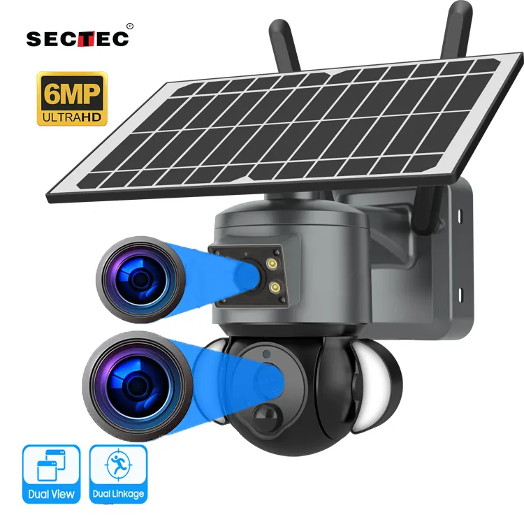 SECTEC HD 6MP panoramico CCTV per esterni telecamera di sorveglianza di sicurezza a doppia lente proiettore di rete 4G batteria solare fotocamera