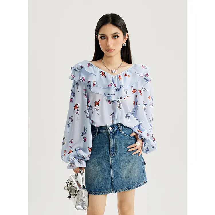 Short Section Lantern Sleeve Long-sleeved Shirt New Versatile Ruffled Edge Floral Top Spring and Summer Casual Woven for Women