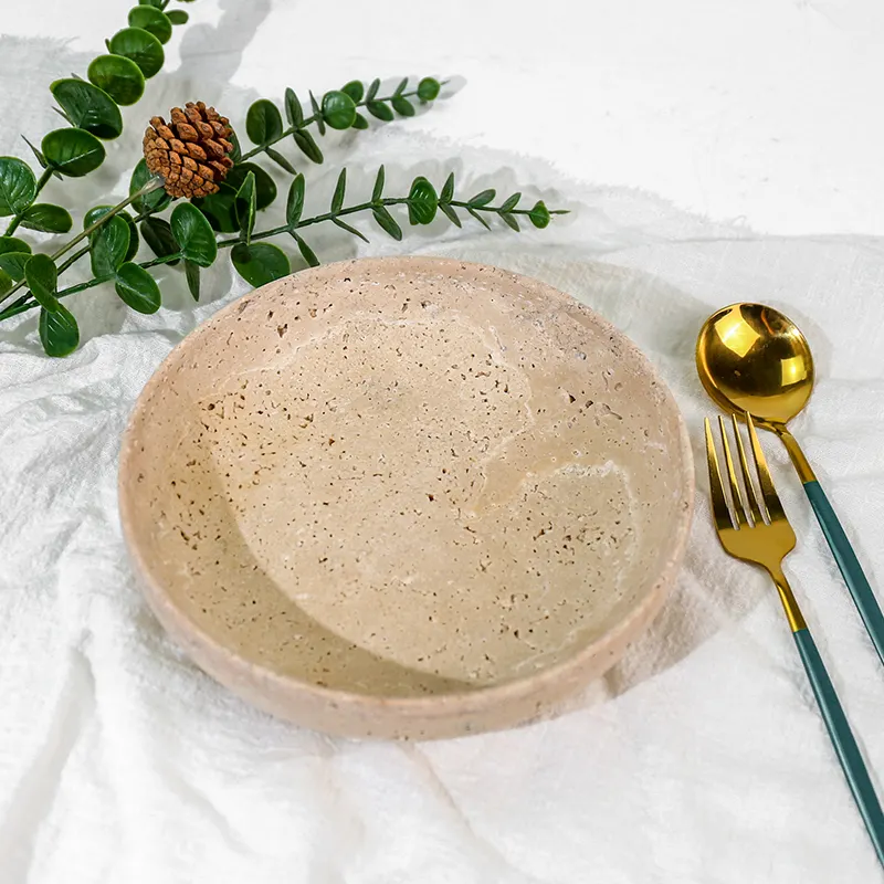 Vintage Beige Travertine Small Size Marble Home Hotel Decoration Religious Round Ornament Bowl Travertine Stone Fruit Plate