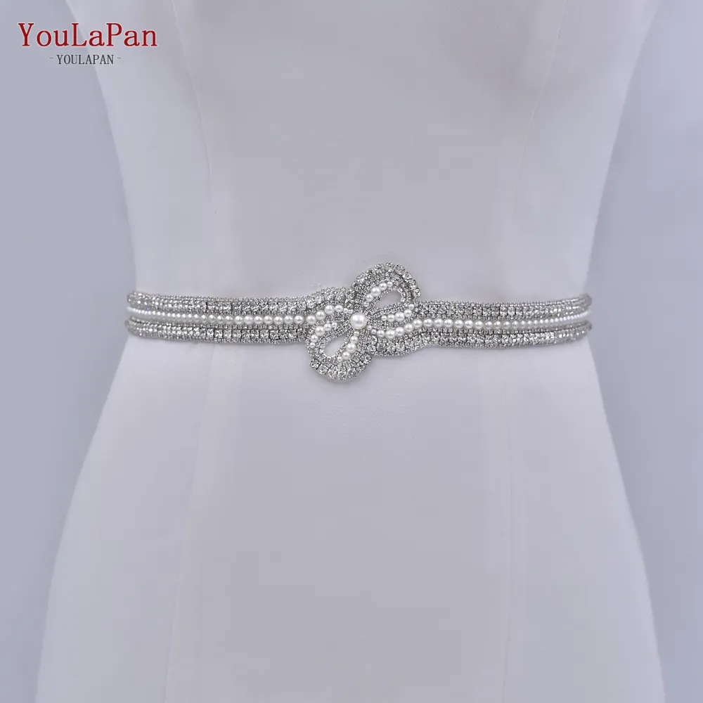 YouLaPan S54 cintura da ballo per donna di lusso cintura da sposa lunga con nodo a fiocco di perle con strass d'argento