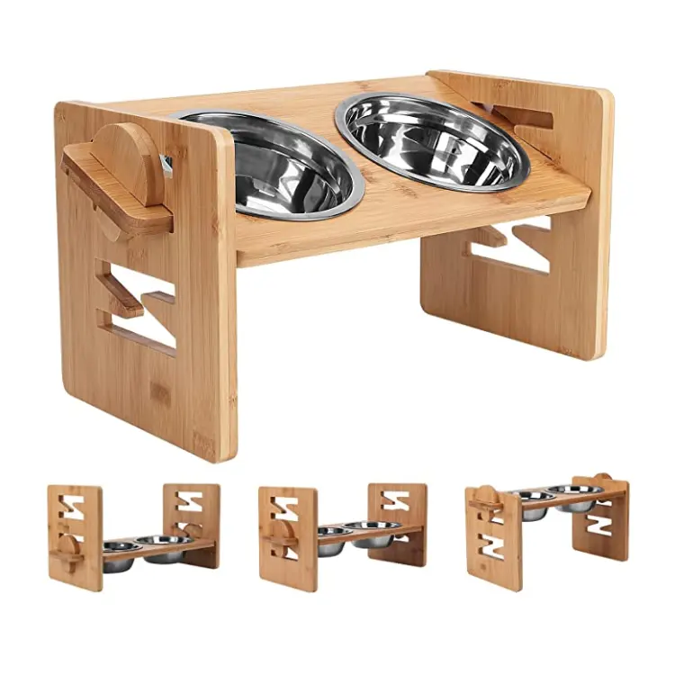 Custom adjustable height stainless steel pet bowl feeder with wooden frame