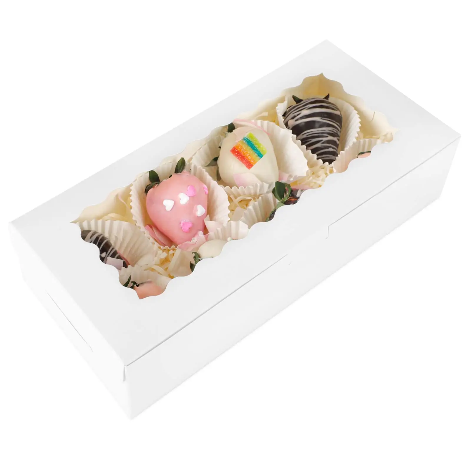 Caixas de cupcake para embalagens personalizadas, caixa branca de embalagens de morango chocolate para o dia dos namorados
