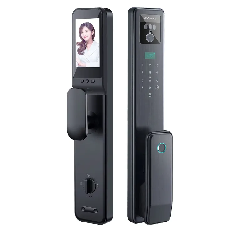 Video intercom remote monitoring keyless Electronic digital 3D face recognition smart door lock handle fingerprint with camera