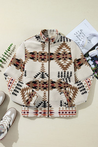 2024 Vintage batı kadının kış ceket bej baskılı Navajo Aztec Polyester astar sonbahar ceket ile boyun Zip-up standı - Product Image 4