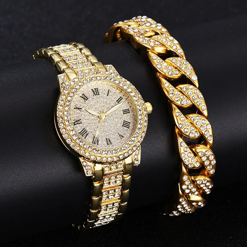 Nieuw Binnen Goud Full Diamond Horloges Hiphop Cuban Link Armband Sieraden Set Zakelijk Quartz Horloges Set
