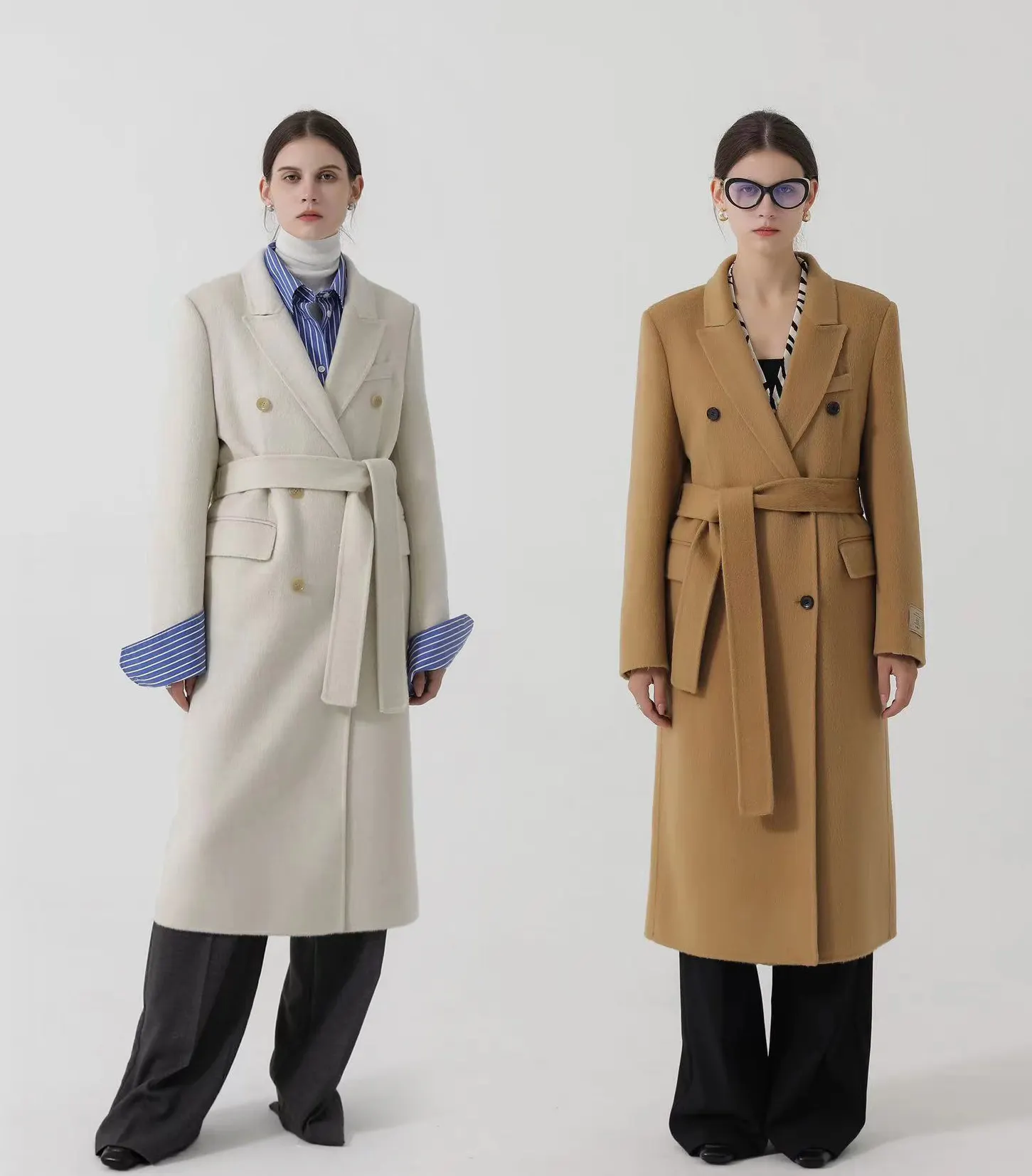 Оптовая продажа, однотонные двубортные куртки с лацканами, пальто с длинным поясом из белой шерсти и кроличьей шерсти, пальто для женщин