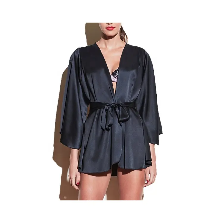Robe de seda feminino luxurioso preto cetim mangas largas robe de seda