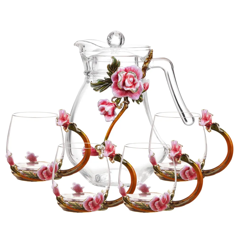 NOSHMAN Set sendok, Modern transparan bunga kreatif 1300ML ketel dan 320ML kaca bening cangkir teh 5 buah untuk hadiah