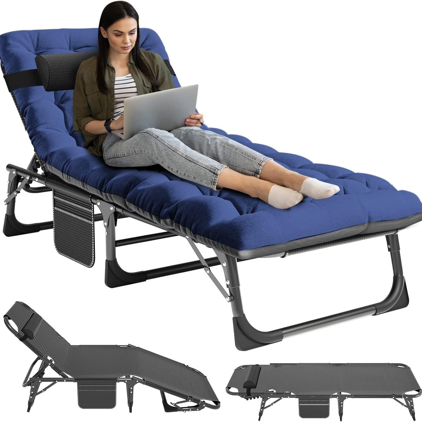 Black chair with blue cushion