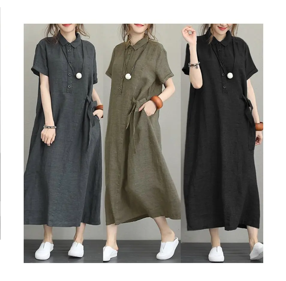 Ladies Solid Color Cotton and linen casual loose Sexy Women Dresses Women Summer Female Clothes Long Dresses