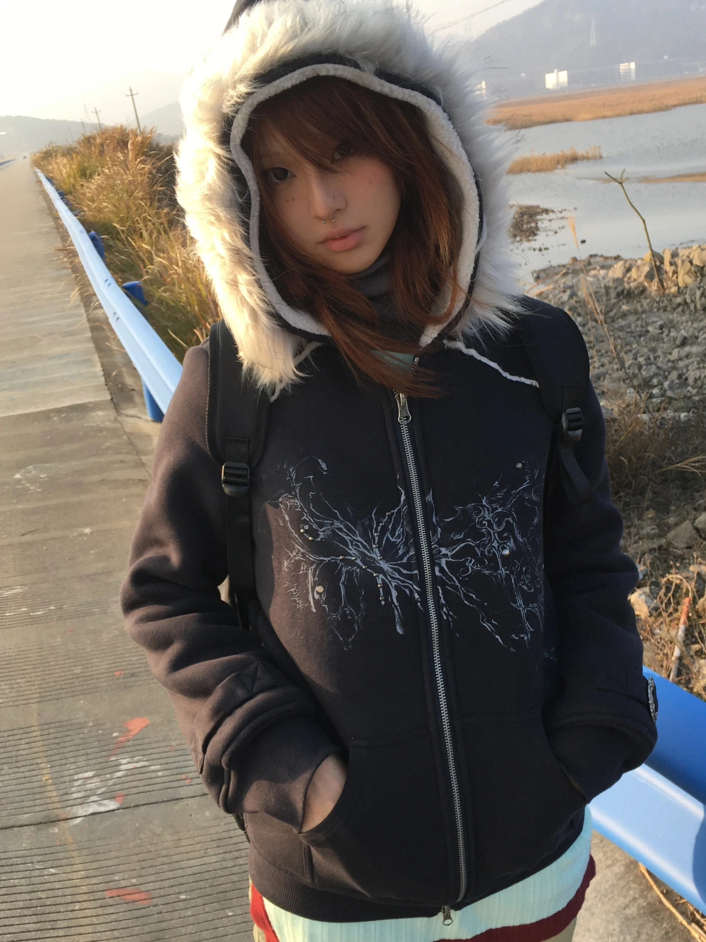 Japanese Y2k Fur Hooded Coat Grunge Aesthetics Tattoo Print