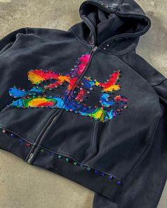 Tùy Chỉnh Rhinestone Zip Lên Hoodie Axit Rửa Người Đàn Ông Của Rhinestone Hoodies Nặng Áo Đặt Sang Trọng Kim Cương Rhinestone - Product Image 4