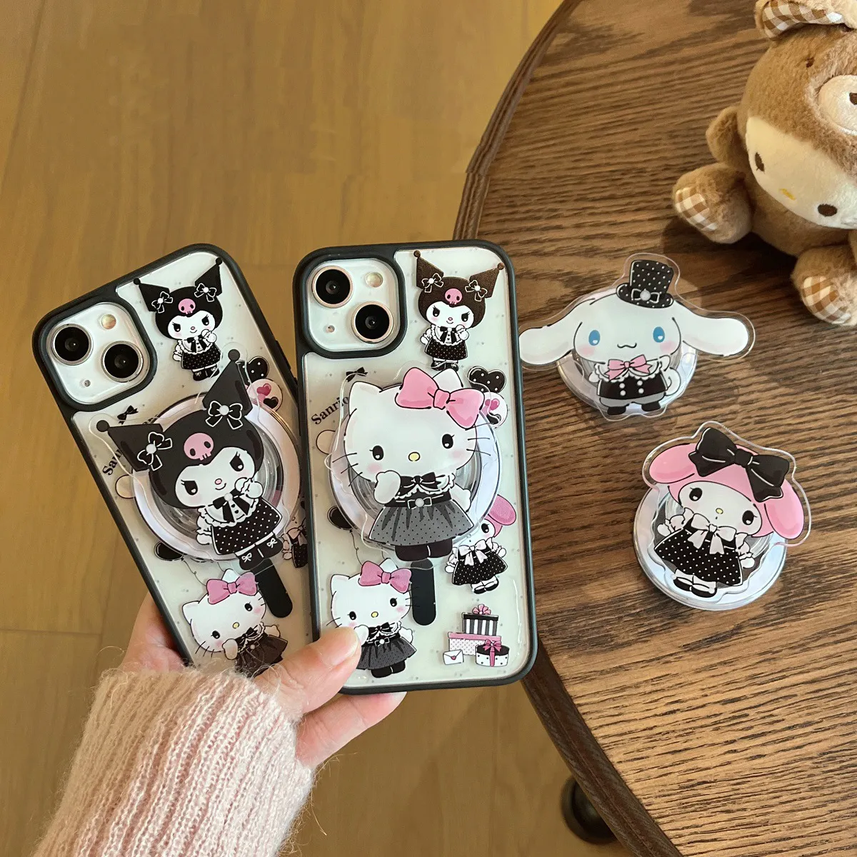 Popular in Ins hello Cute Kitty with Magnetic phone holder Acrylic Mobile phone case For iphone 12 13 14 15 plus/pro/pro max