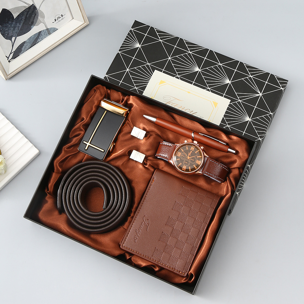 m202317marrone-set 5 pezzi-portafoglio + cintura + gemelli + orologio + penna