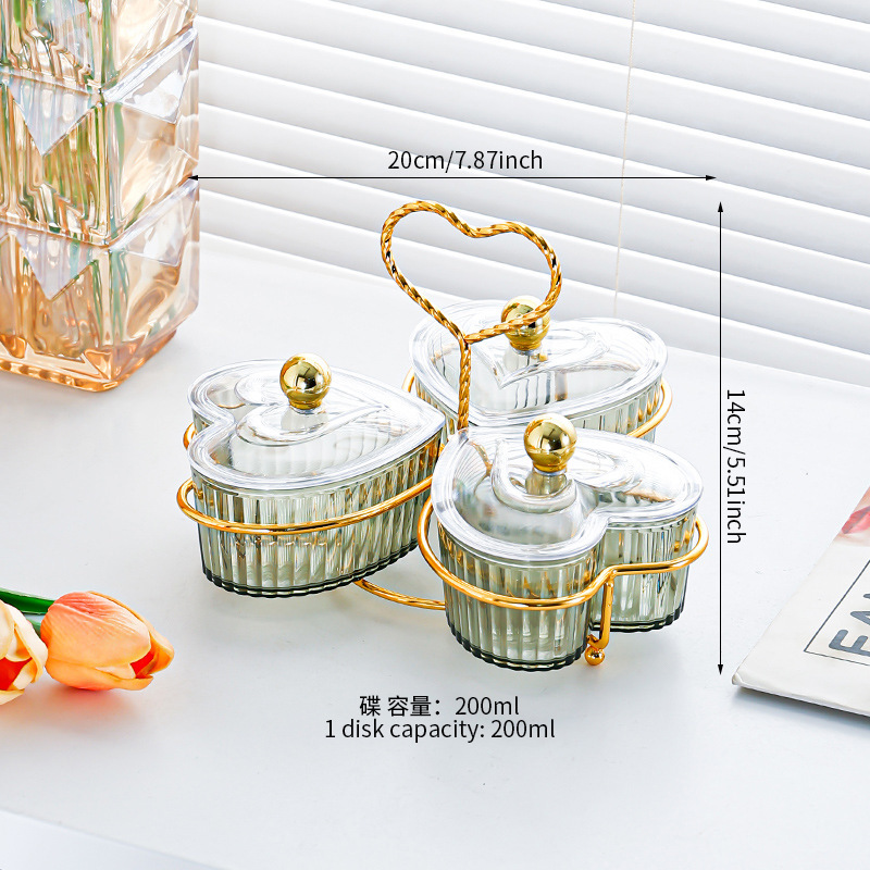Fruit green 3-compartment heart-shaped plate holder with gold beads