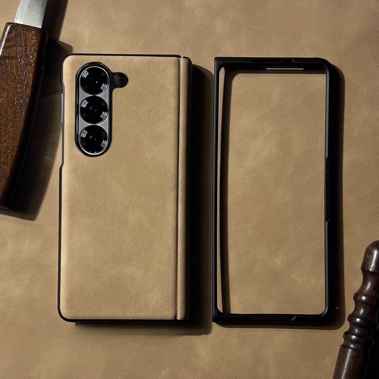 Khaki Sheep Suede Leather Magnetic Hinge + Hollow Front Frame