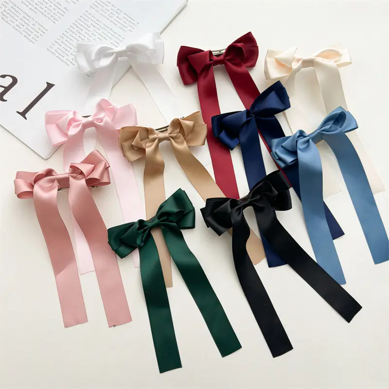 Long Tail Satin Hair Ribbon Bowknot Big Bows with French Clips for Women