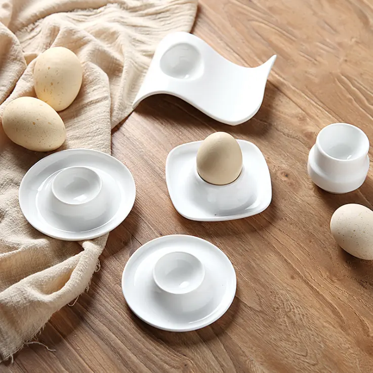 Porcelain Egg Cups Plates with Base, Soft Boiled Egg Cup Holders White