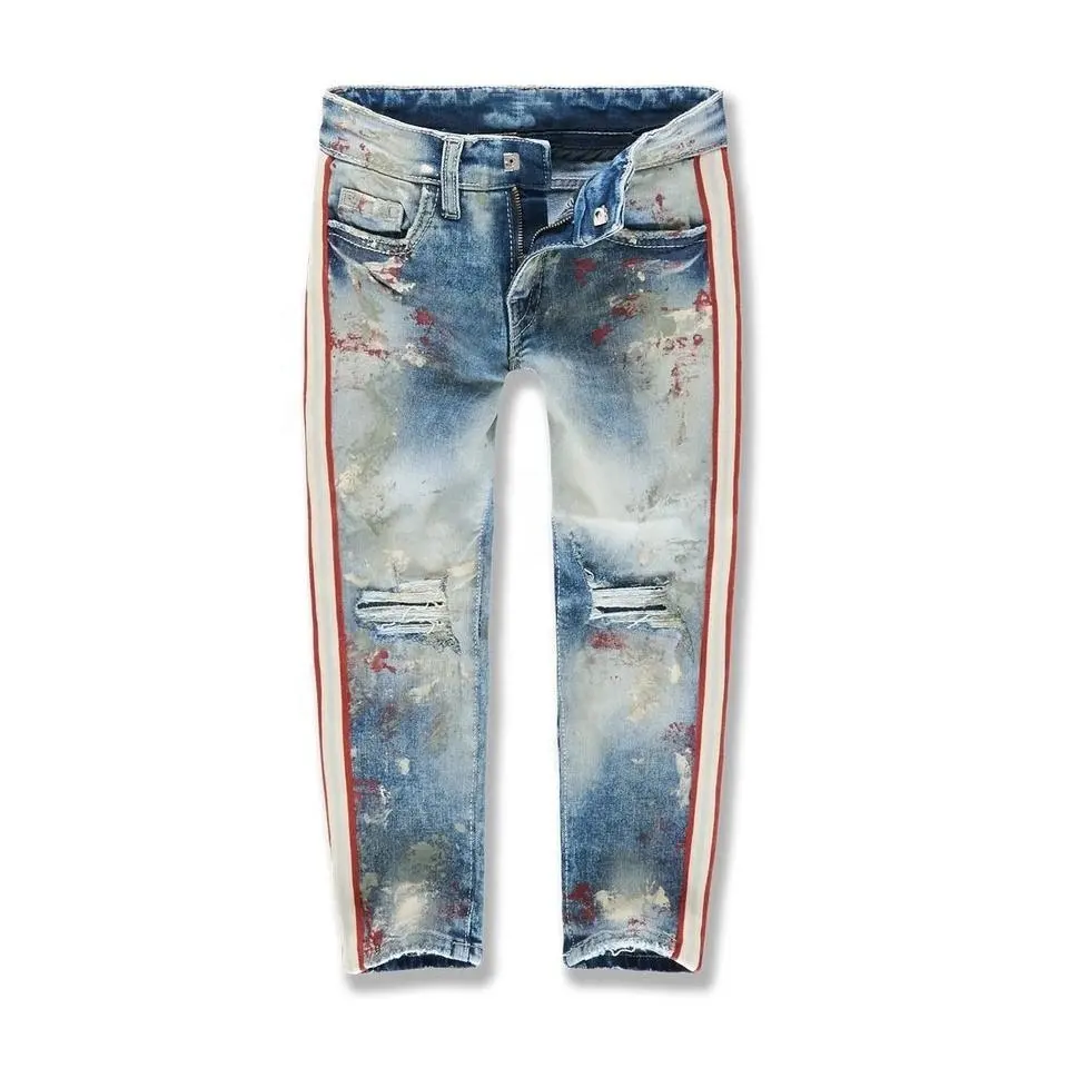 Pantalones vaqueros con cintura elástica para niños, Jeans rectos rasgados con rayas laterales y estampado de pintura, venta al por mayor