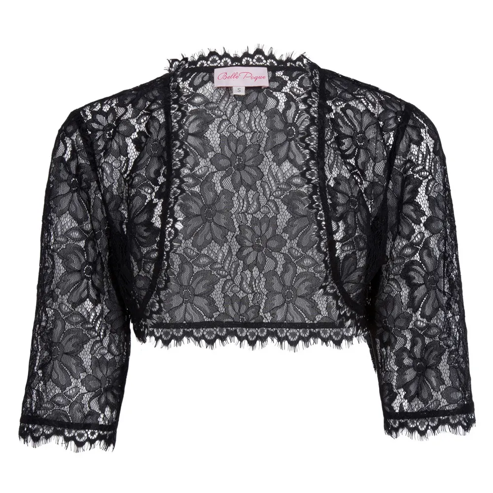 Bolero de encaje negro para mujer, ropa de boda, dama de honor, manga 3/4