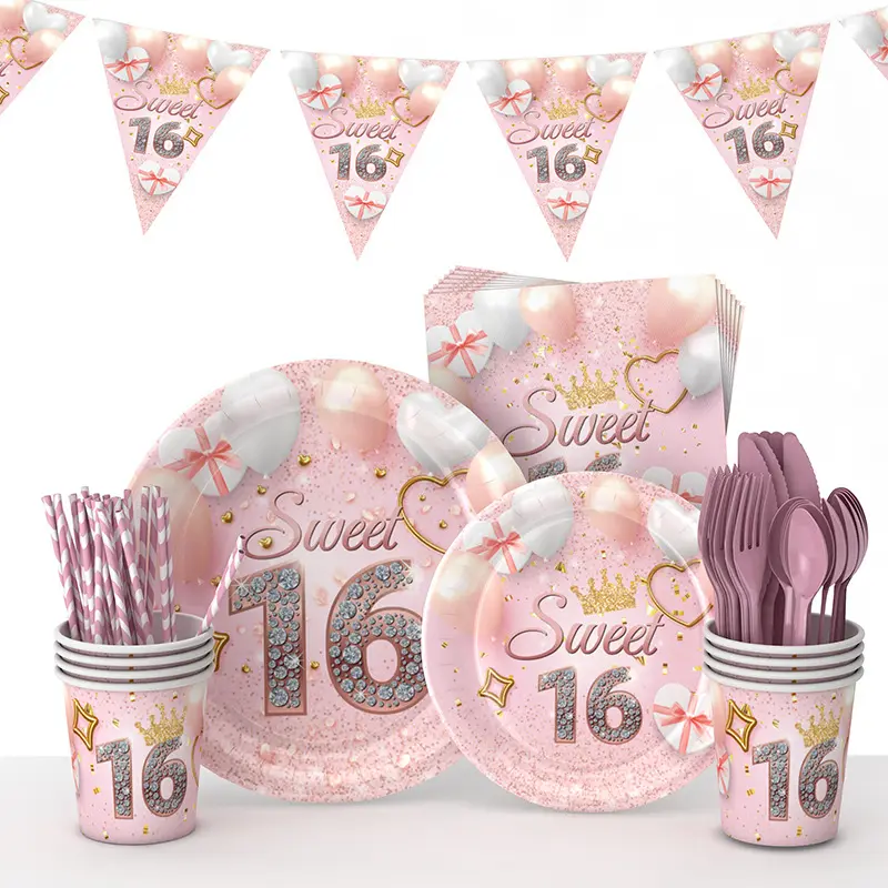 LUCKY Nouveau Style 16 Ans Rose Or Fête D'anniversaire Vaisselle Jetable Assiette En Papier Ensemble Nappe Fête Vacances Décor Supplie