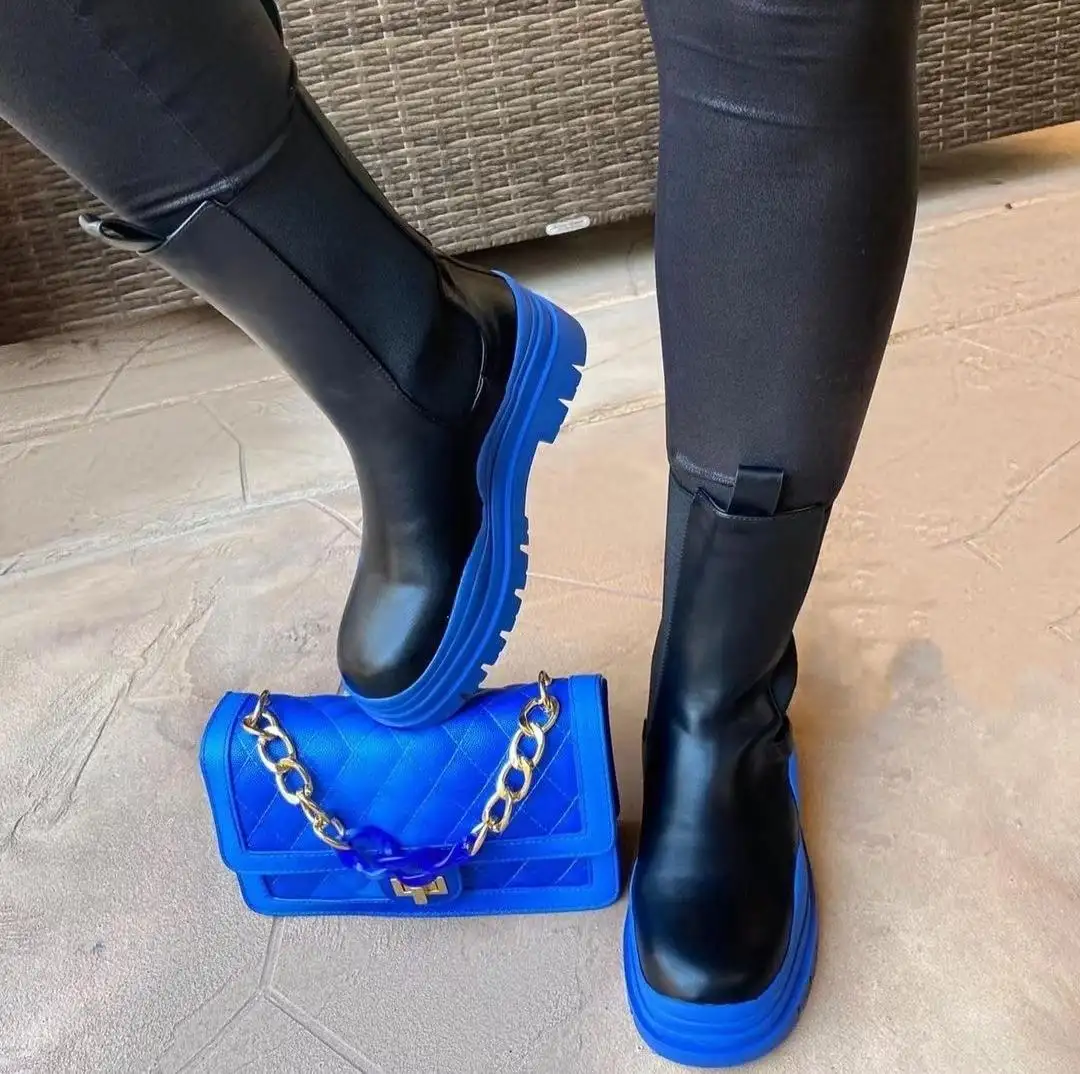 Inverno nuova suola spessa caldo elastico fascia elastica Mid-well stivali moda scarpe in pelle per le donne EVA tessuto di cotone stivali da neve