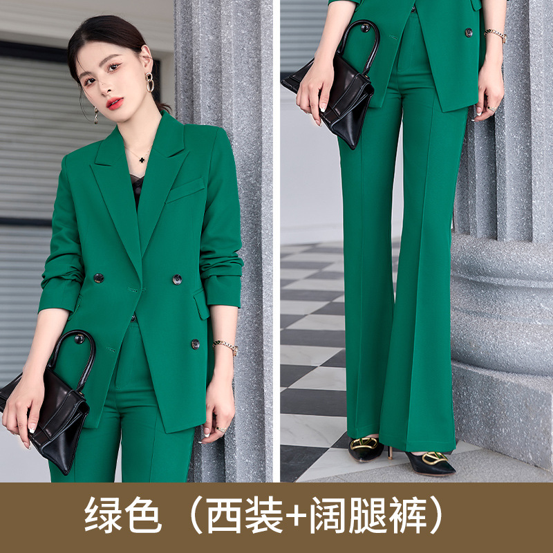 Green suit with flared trousers