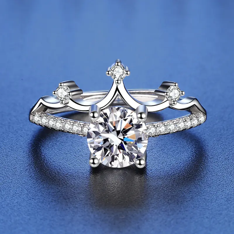 Европейские и американские горячие продажи S925 пробы Серебряное кольцо корона 1 карат моиссан алмаз Регулируемые кольца для девочек