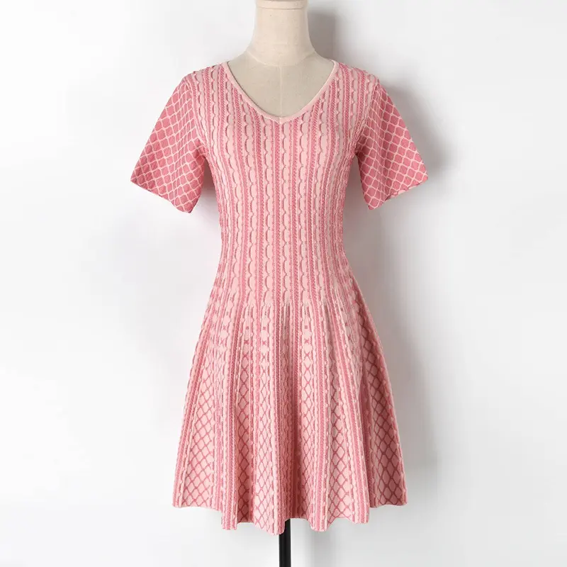 OEM ODM women's Summer V-neck short-sleeved silver line vertical stripe circular pattern waist swing A-Line knitted dress