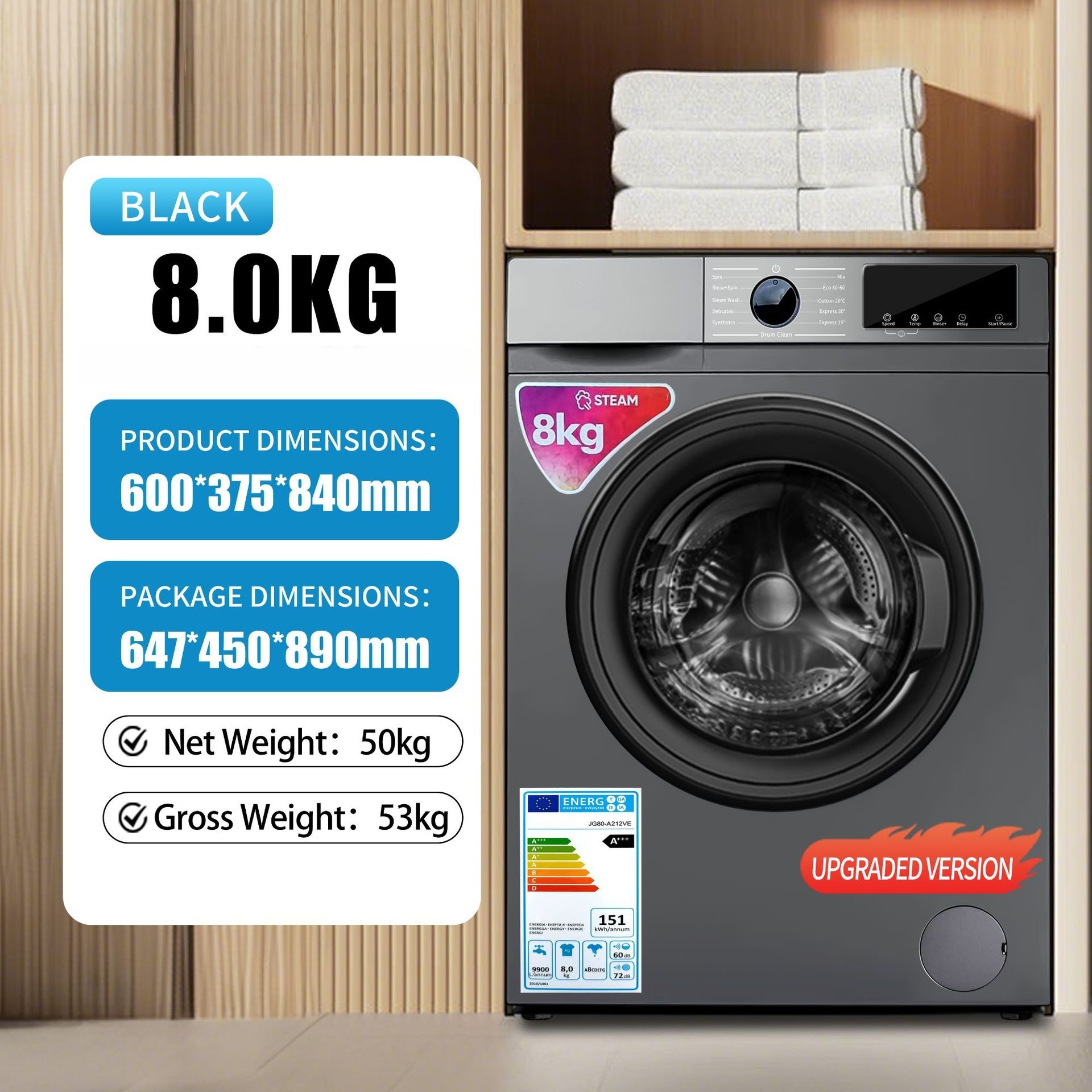 Grey 8KG Inverter Front Load Washing Machine