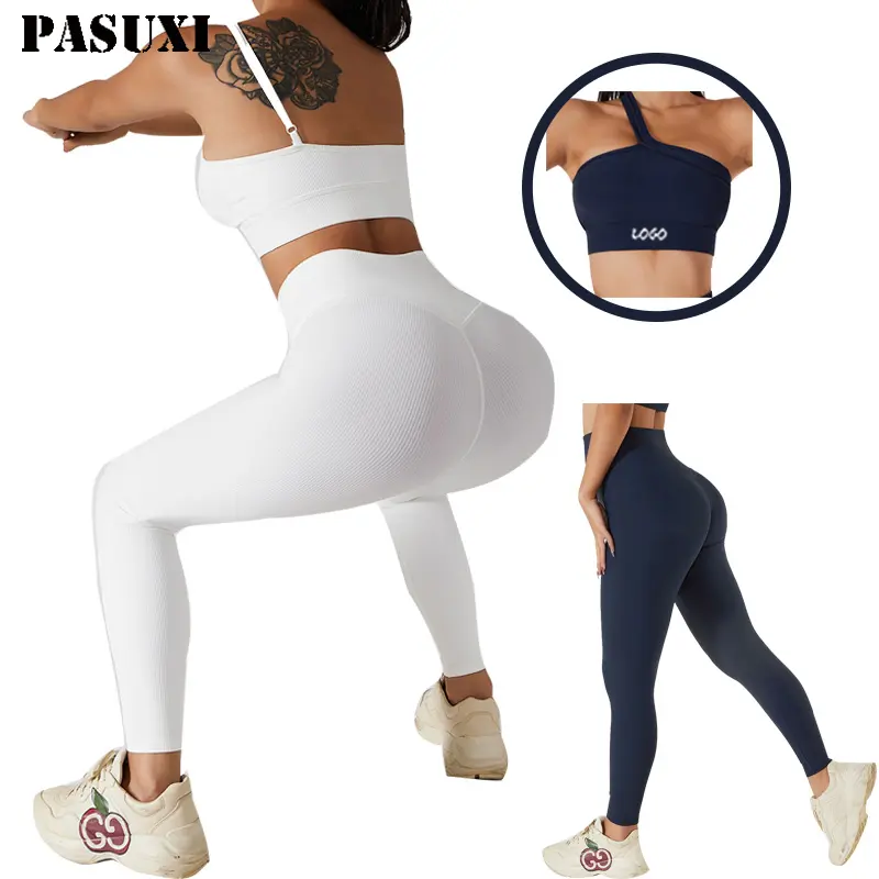 PASUXI New Seamless Yoga Women Workout Clothes Sports Fitness One Shoulder Bra High Waist Gym Leggings 2 Piece Yoga Set