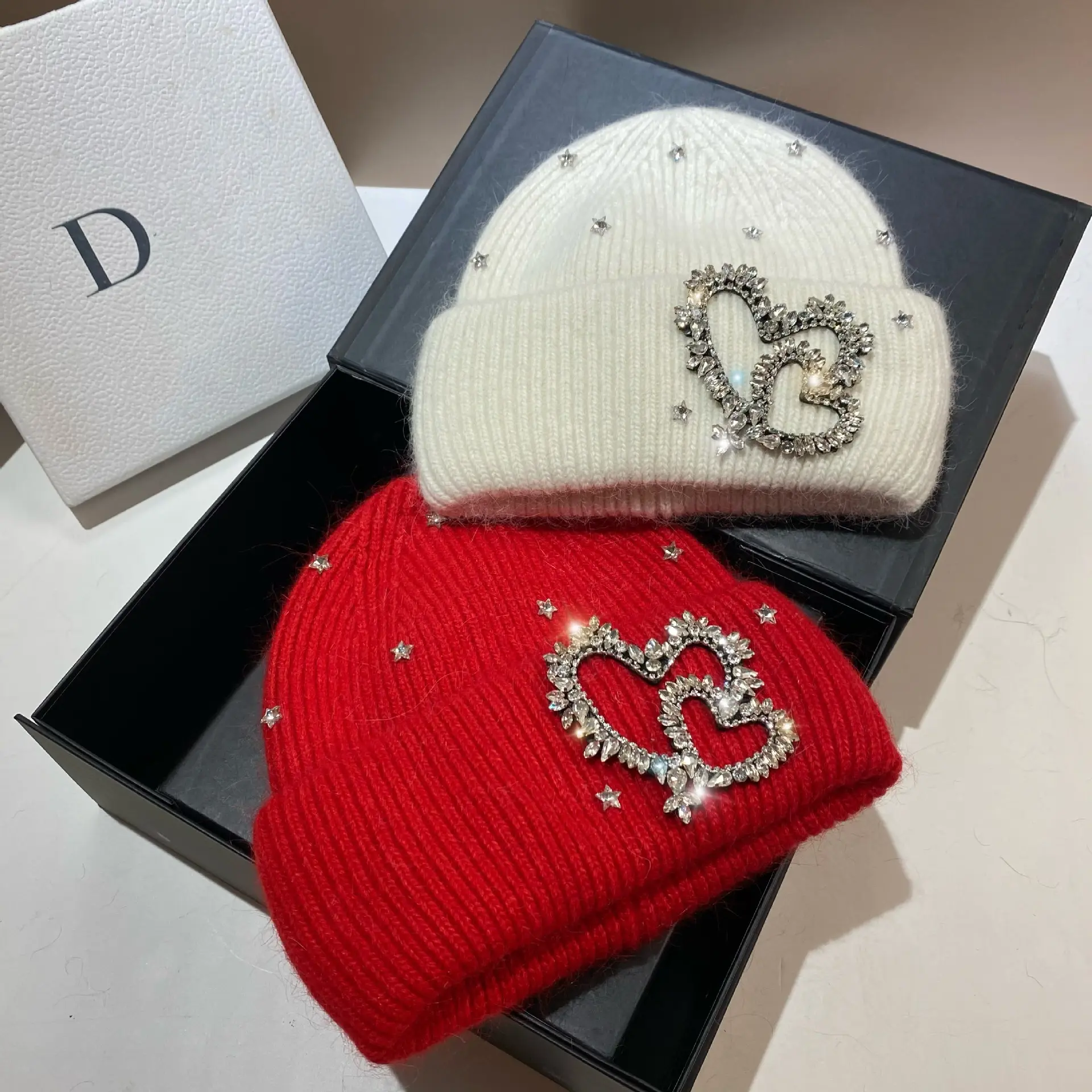 Corea industria pesante strass amore cuore pelliccia di coniglio cappello invernale esterno caldo protezione per le orecchie berretto di lana alla moda