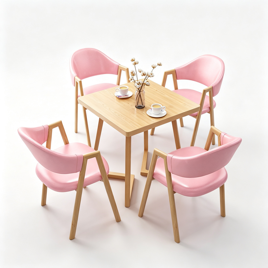 Natural wood tone+Pink chairs