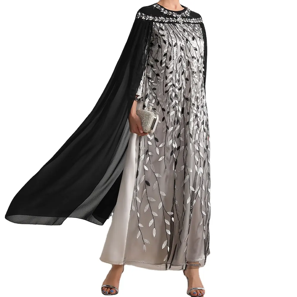 2023 yeni siyah ve beyaz şifon işlemeli moda sahte iki parçalı elbise Dubai uzun elbise dubai abaya taş