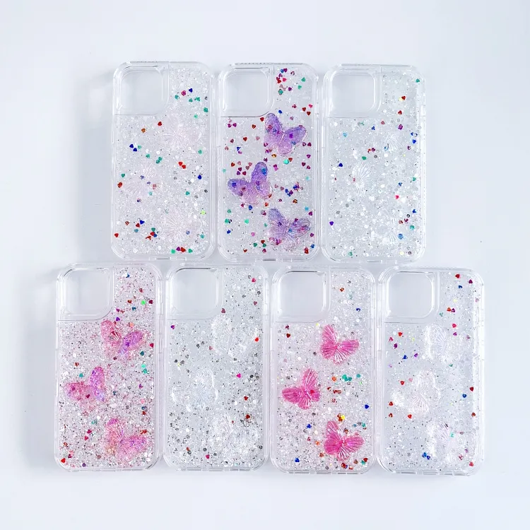 Crystal 3-In-1 PC Epoxy + Butterfly Accessories Cell Phone Case for iPhone for Samsung for OPPO