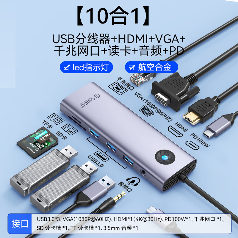 gray 02m-10-in-1 USB 30x3 HDMI VGA Gigabit PD Audio card