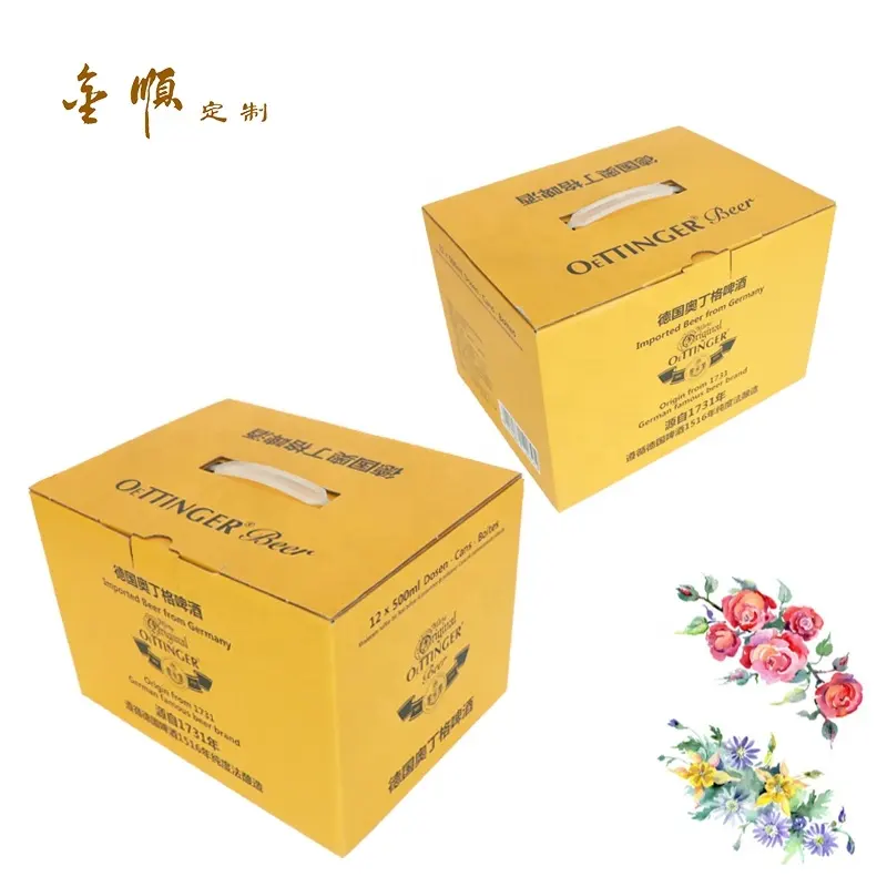 Custom Printed Foldable Delivery Box Cardboard Bottle Beer Wine Corrugated Packaging Boxes with Plastic Handle