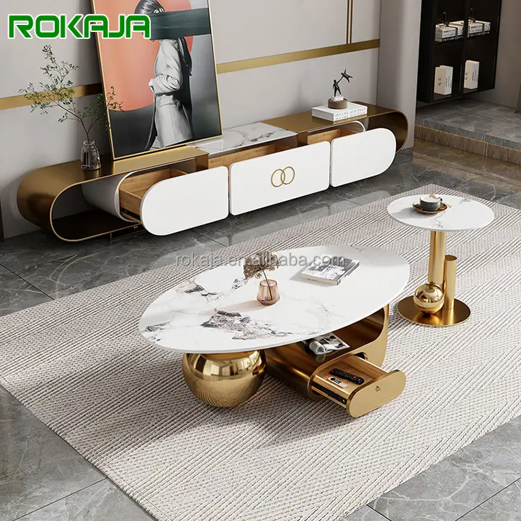 Art Sense-mesa de centro ovalada moderna, mesa de centro de lujo con cajón y placa de roca, juego de mesa lateral de acero inoxidable dorado