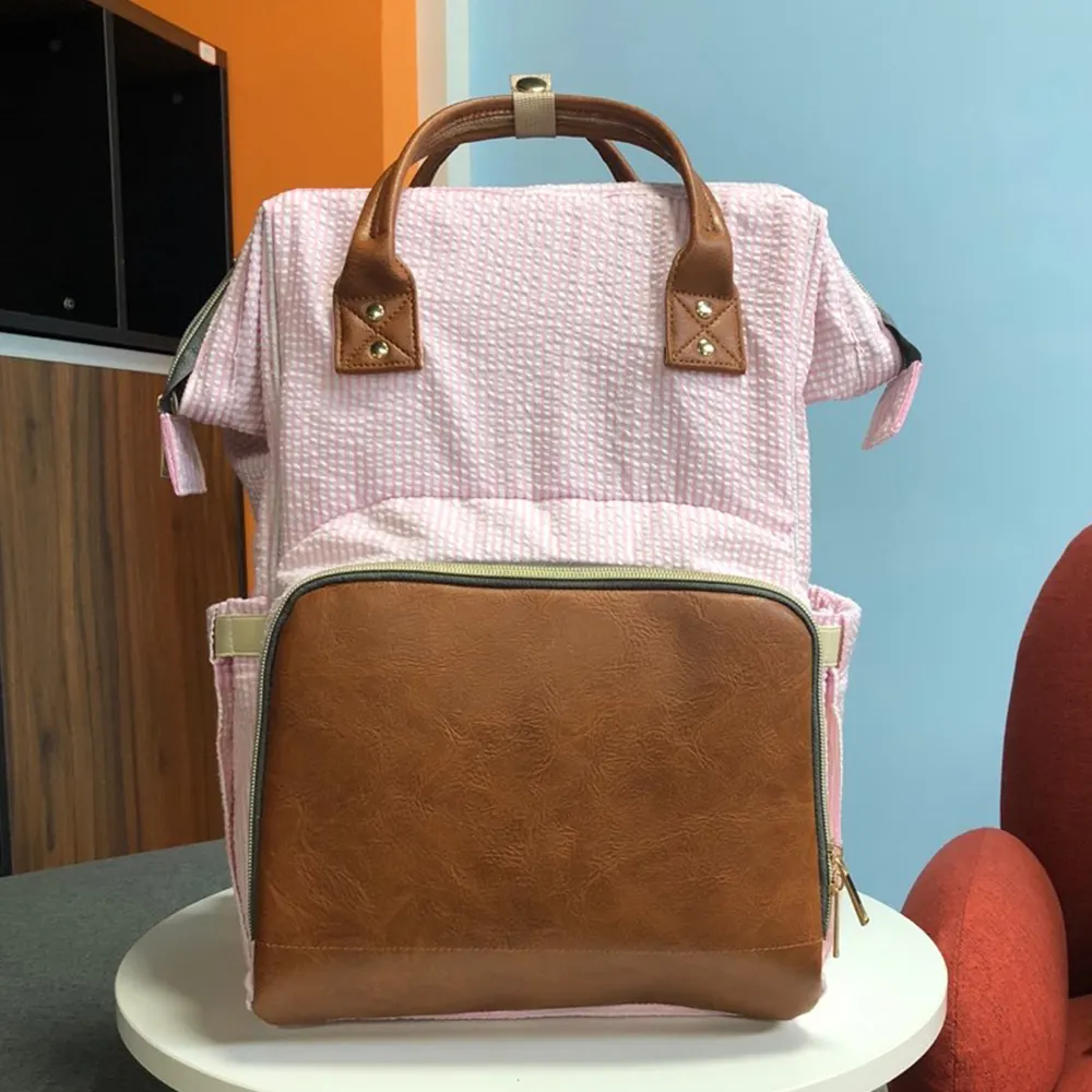 Seersucker-Mochila De Viaje personalizada, bolsa de pañales multifuncional con monograma, color rosa marino, venta al por mayor