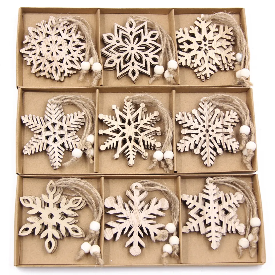 Pendentifs en bois Vintage flocon de neige de noël, ornements d'arbre de noël, décorations de noël, cadeaux suspendus, 12 pièces/boîte