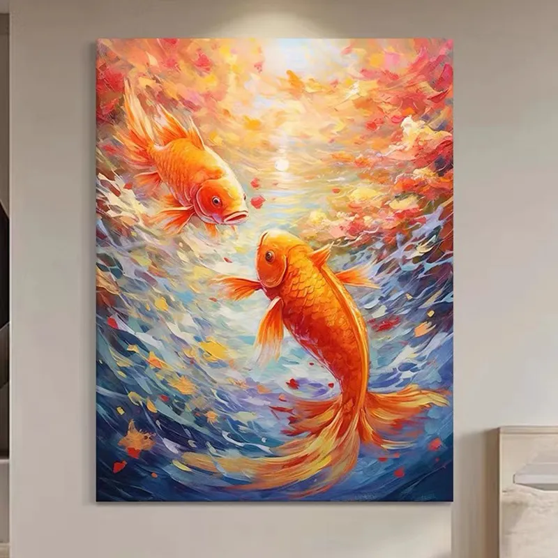 Pintura al óleo de pez koi abstracta pintada a mano sobre lienzo arte de textura hecho a mano pintura de pared grande moderna para decoración del hogar de lujo