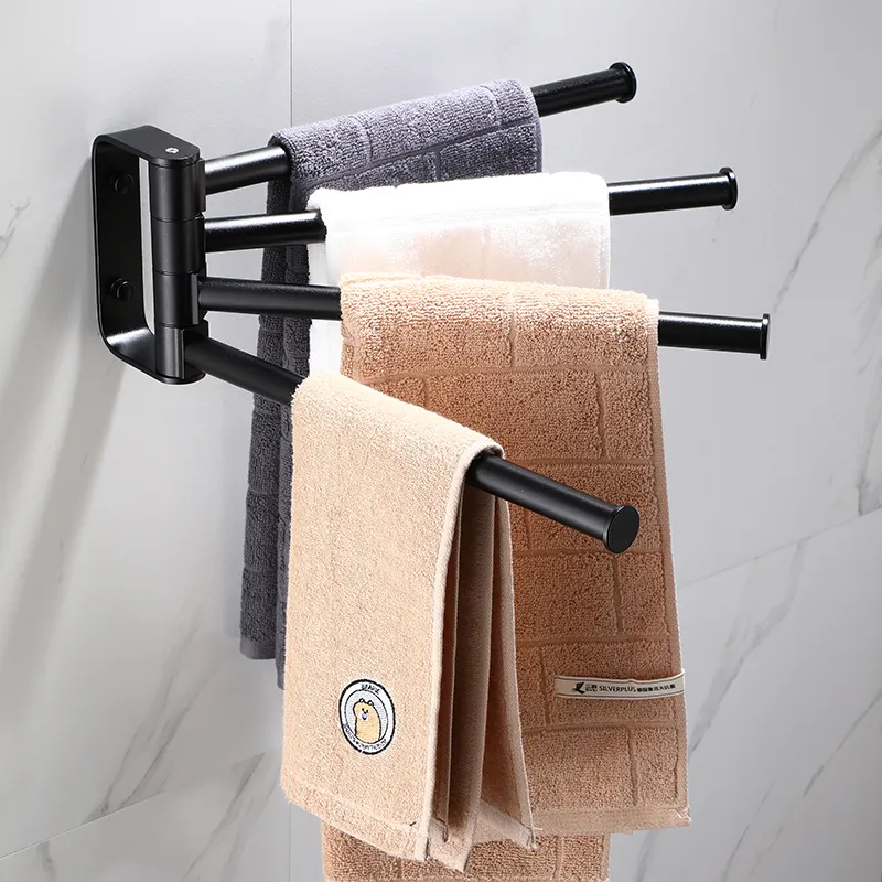 Barra de toalha giratória preta de liga de alumínio com 4 barras de apoio giratório para toalha de braço oscilante