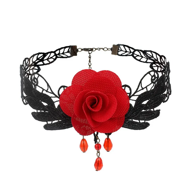 Collier ras du cou gothique en dentelle avec fleurs noires pour femme, bijou ras-du-cou Sexy, chaîne Vintage avec pompon, Steampunk, accessoire d'halloween, 1 pièce