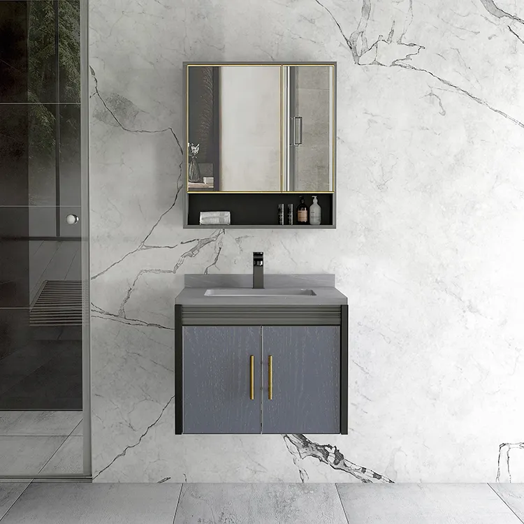 China Vaidade Do Banheiro De Luxo Set Móveis De Alumínio Moderno Armário De Espelho De Banheiro Com Porcelana Slab Counter Top Bacia Cerâmica