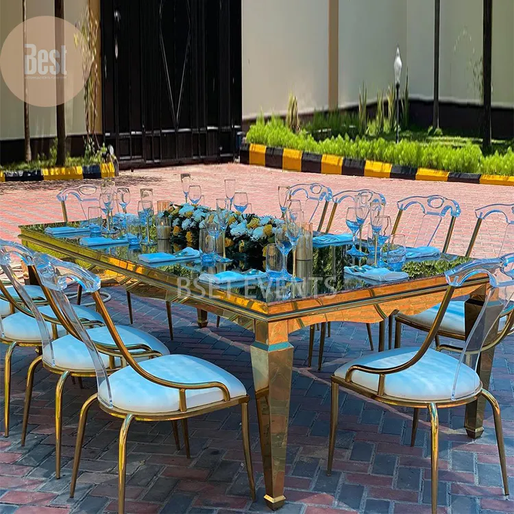 Mirror Glass Luxury Furniture Stainless Steel Wedding Chair And Table Hotel Metal Dining Table Set For Events Wedding Tables