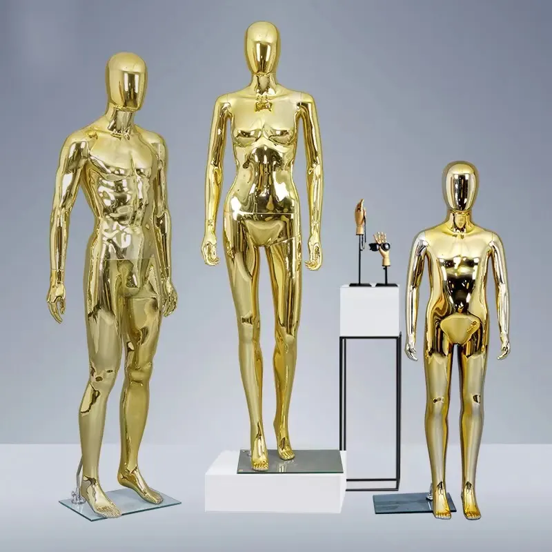 Maniquí chapado en oro y cromo para hombre y mujer, modelo femenino de cuerpo completo, de fibra de vidrio, venta al por mayor