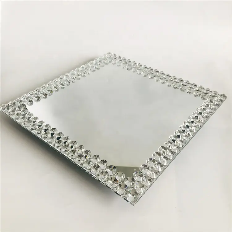 Vajilla para eventos de boda, plato de cristal transparente con cuentas cuadradas de plata, con espejo, platos para fruta o postre, venta al por mayor