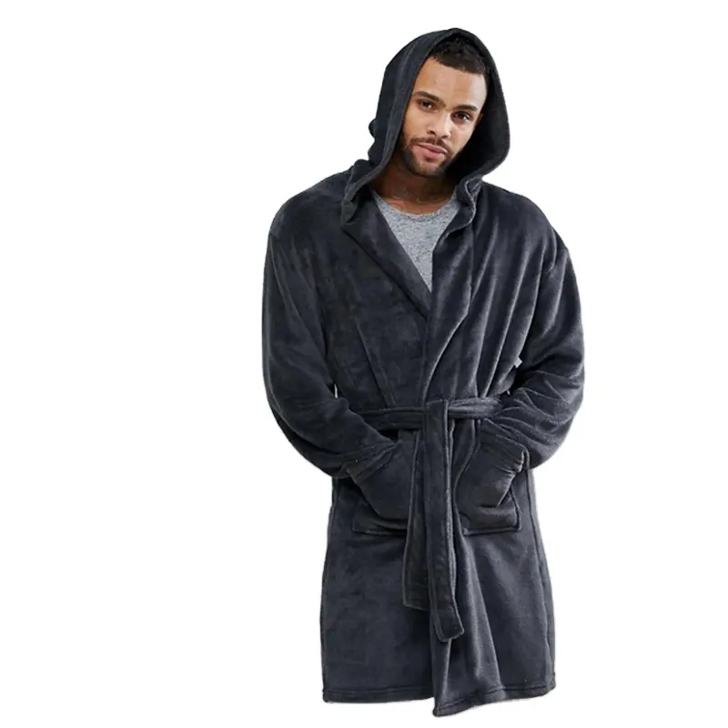 KY venta al por mayor cálido polar gris oscuro Cierre de lazo frontal abierto Bolsillos funcionales bata de dormir para hombres pijamas de invierno para hombres